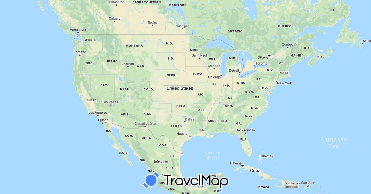 TravelMap itinerary: driving, cycling, hiking, boat in Mexico, United States (North America)